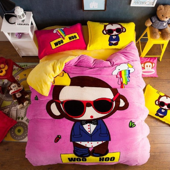 Lenjerie de pat Cocolino, set 4 piese, imprimeu Monkey, roz și galben, pentru 2 persoane, 140x200cm, 160x200cm, 180x200cm