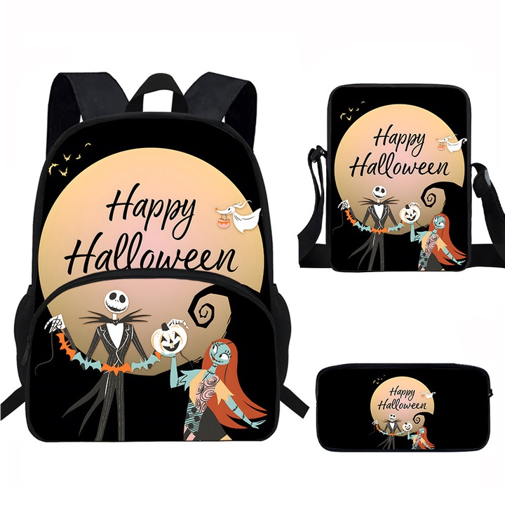 Ghiozdan pentru studenti set de trei piese (ghiozdan + suport pentru pix + sacosa pentru pranz), capacitate mare, model cu desene, 29x15.5x39cm