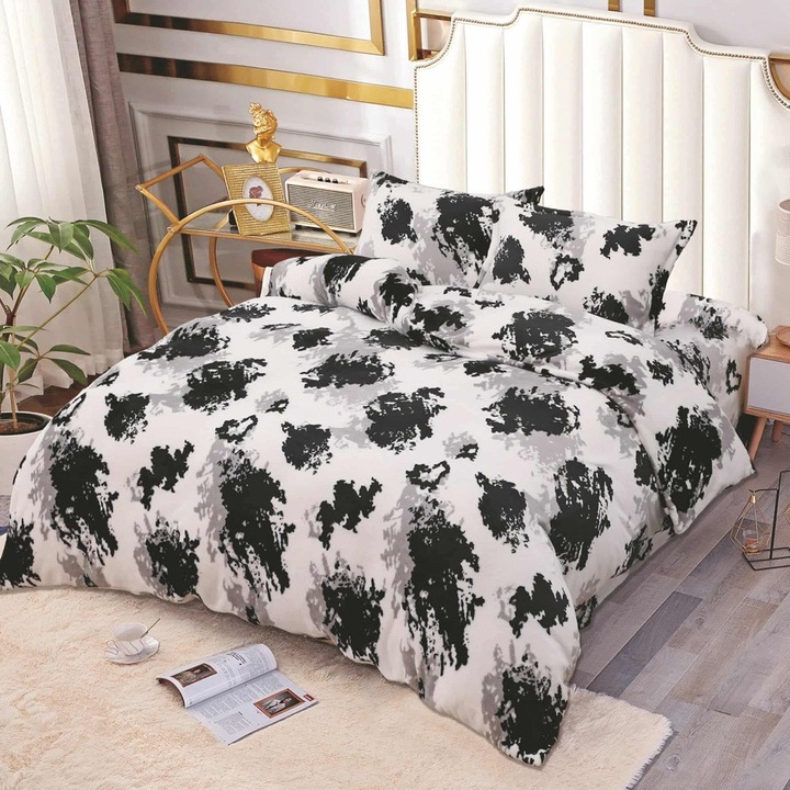 Lenjerie de pat, Cocolino, 2 persoane, 4 piese, cu elastic, alb gri negru, cu pete, CC4037