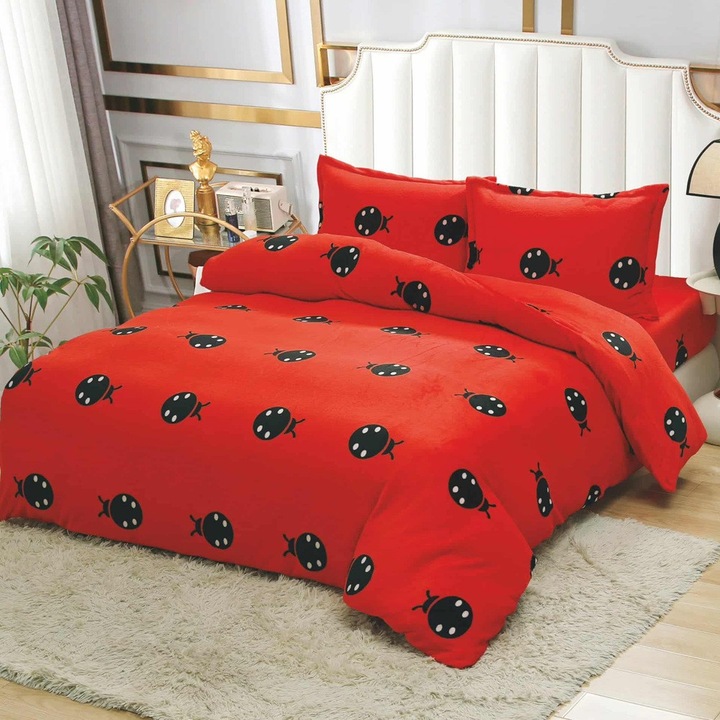 Lenjerie de pat cocolino, set 4 piese, cu elastic, rosu cu buburuze negre, 140x200cm/160x200cm/180x200cm