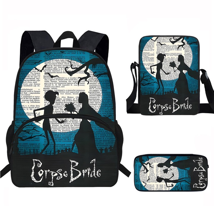 Ghiozdan pentru studenti, set de trei piese (ghiozdan/ suport pentru pixuri/sacosa pentru pranz), capacitate mare, 29x15.5x39cm