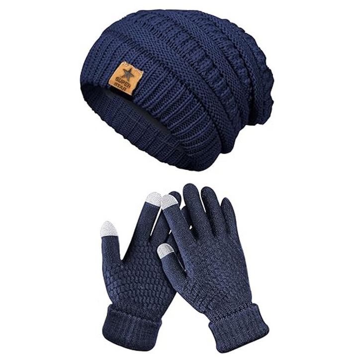 Caciula tricotata de iarna, unisex, captusita cu fleece, albastru inchis, dimensiune unica