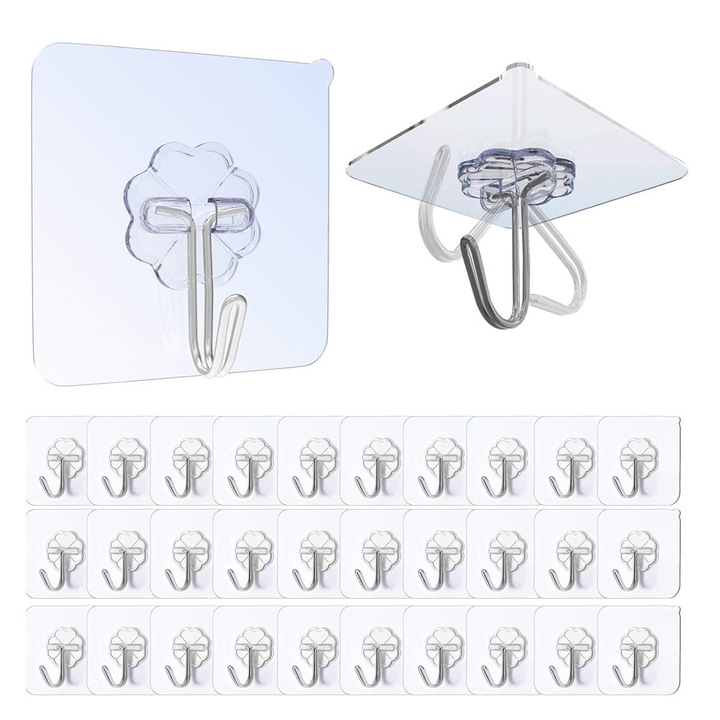 Set 30 carlige adezive transparente Huideng rezistente apa si ulei 10kg 180° rotative