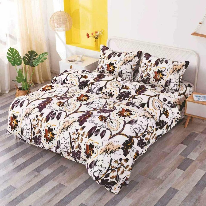 Lenjerie de pat, Cocolino, 2 persoane, 4 piese, cu elastic, culoare crem, cu flori maro, CC4049