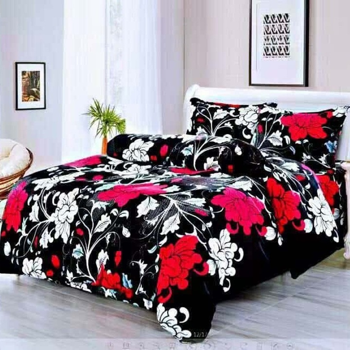 Lenjerie de pat Cocolino, 4 piese, cu elastic, negru cu flori albe și roșii, 140x200cm/160x200cm/180x200cm