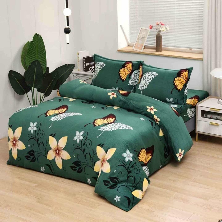 Lenjerie de pat Cocolino, 4 piese, verde cu flori și fluturi, 140x200cm/160x200cm/180x200cm