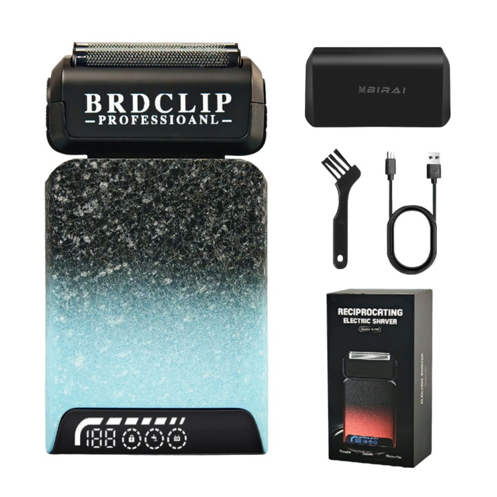 Aparat de Ras Electric Profesional BIRAI® BRD S201, Shaver 7500 RPM, Acumulator Reincarcabil, Waterproof, Display LCD, Afisaj LED, Incarcare Super Rapida prin USB, Lame Duble, Rezistent la Apa, Barbierit Umed si Uscat, Albastru