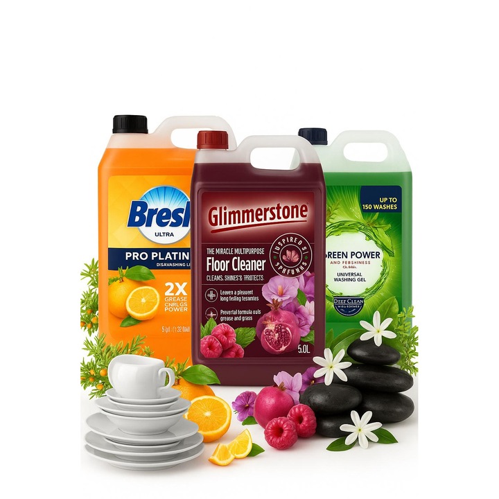 Detergent Rufe Gel Premium 5 litri +Detergent Universal parchet, gresie inspirat din parfumul Euphoria K.Klein 5 litri+Detergent Vase Portocale 5 litri