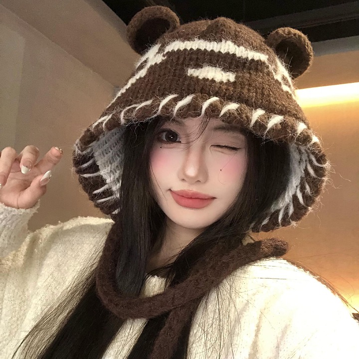 Caciula tricotata cu urechi de urs pentru copii, culoare cafea, M (56-58cm)