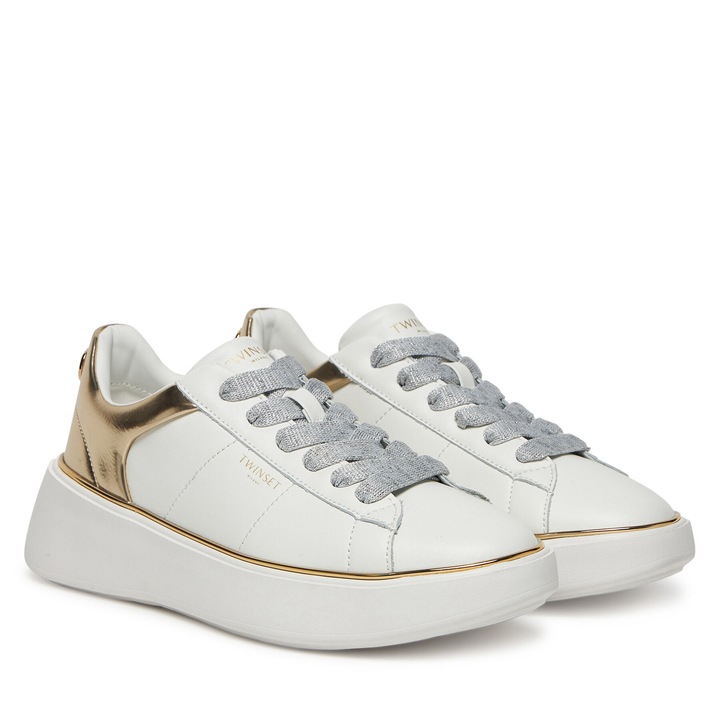 Tenisi dama, Twinset, 251TCP042, piele naturala, alb/auriu