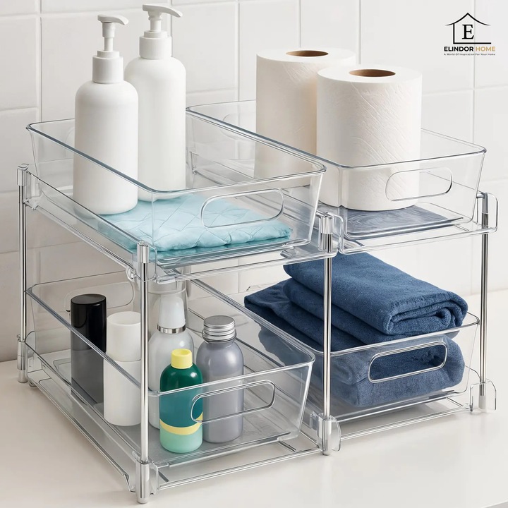 Комплект от 2 Прозрачни Органайзера Elindor® на 2 Нива, Мултифункционален и Плъзгащ се Контейнер за Съхранение, Органайзер за Шкафа под Мивката в Банята и Кухнята, 30 × 19 × 25.5 см