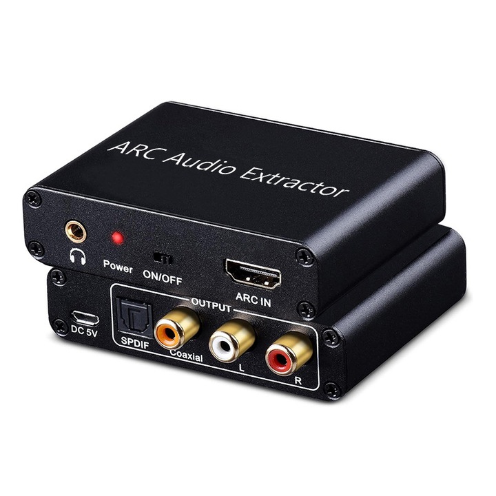 Splitter audio YDCY HDMI ARC 192KHz, ieșire coaxială și TOSLINK SPDIF, RCA, stereo L/R 3.5mm, pentru televizoare HD și amplificatoare