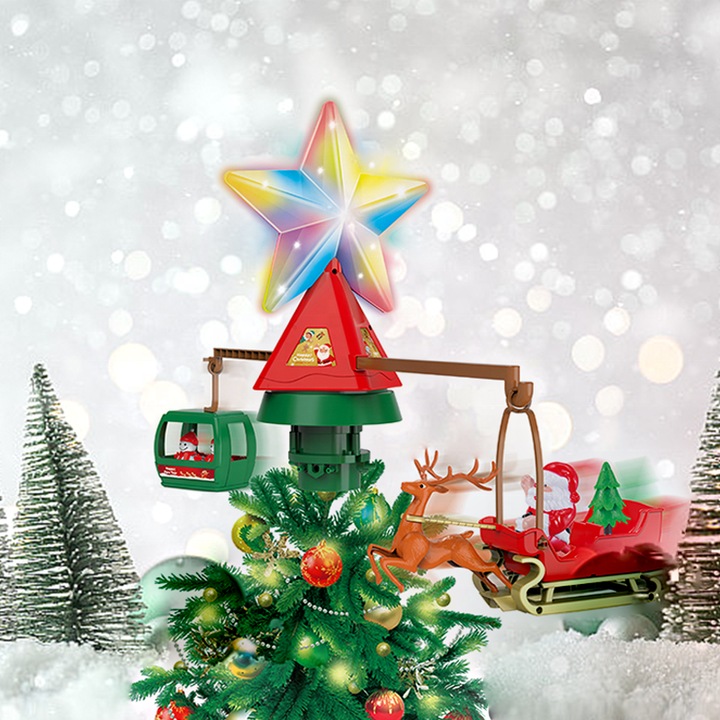 Varf Brad de Craciun Rotativ cu Lumini LED si Muzica, Figurine cu Mos Craciun, Reni si Om de Zapada, Jucarie de Agatat in Brad, pentru baieti si fete, alimentare cablu USB, bebeLOGIC™