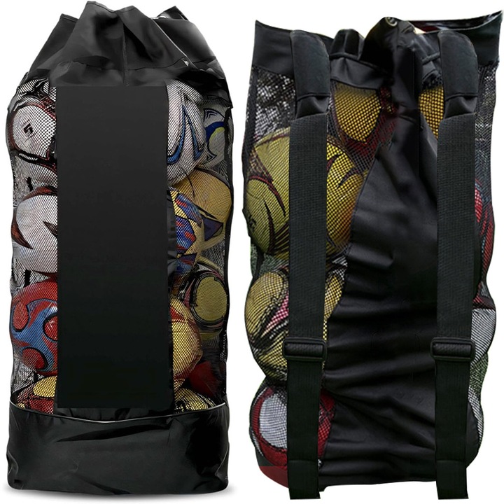 Sac Pentru Mingi, 48x30x105cm, Capacitate 15, Marime L, Tesatura Oxford, Tip plasa, Design cu snur, Cu curea umar reglabila, Portabil, Pentru detinerea echipamentului de fotbal, fotbal, volei, inot, Textil, Negru