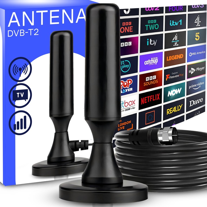 Antenna DVB-T Retoo TechPro, 4k 1080p HD Jel, 360° DVB-T / DVB-T2 Vétel, 30dbi, 5m Kábelhossz, Vétel, Nagy Hatótávolság, Egyszerű Telepítés, 75 Ohm, Minden TV És Rádió Csatorna, Fekete