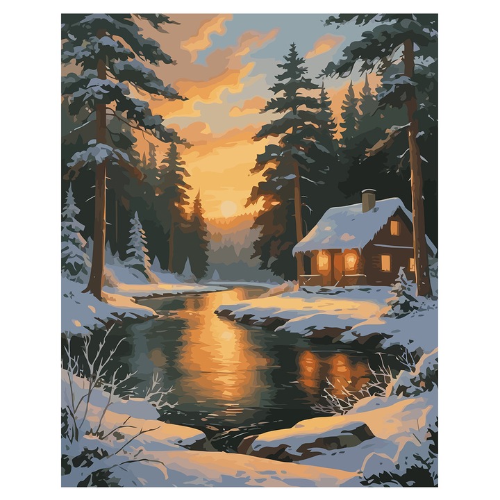 Set pictura pe numere Peisaj de iarna 6209, panza bumbac pe rama lemn, 40x50 cm, tablou cu schita, 3 pensule si vopsea acrilica