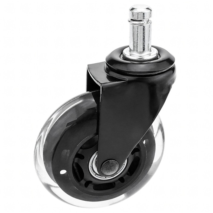 Irodai szék görgős kerék, 360°-ban elforgatható, Push-in típusú rögzítés, csapágyazott, 75 mm átmérő, 12 mm, fekete