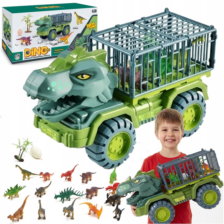 Transporter T-Rex XXL cu 15 figurine si accesorii, dimensiuni 40x16x20cm, culori verzi si maronii