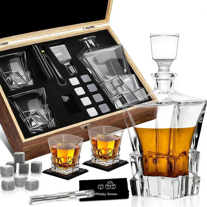 Комплект декантер за уиски, Wacorresi®, подаръчен декантер за уиски 750ml, 2 чаши, 8 кубчета уиски от естествена скала, включени аксесоари, за уиски, ром, бърбън, водка, текила, дървена кутия