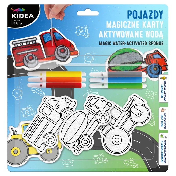 Set de pictura Kidea, 3 carduri magice activabile cu apa, 6 markere, vehicule