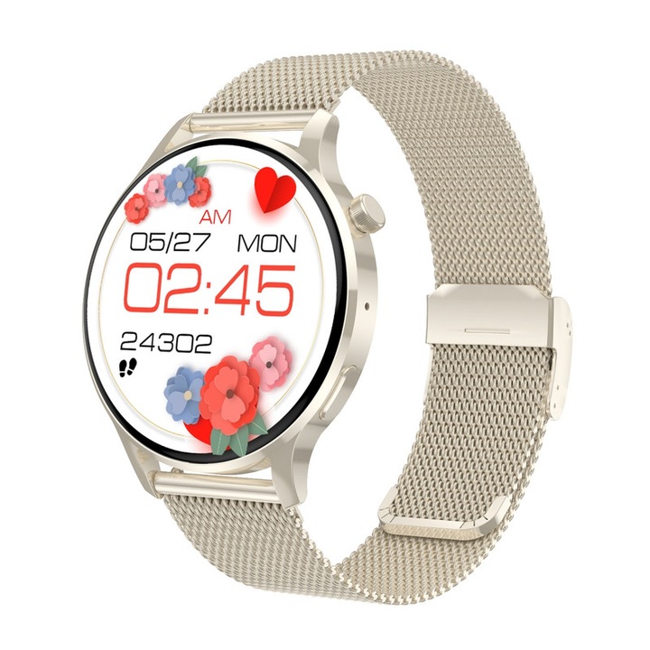 Смарт часовник за жени с NFC, Модерен дамски смарт часовник, Елегантна стоманена каишка (Златист/Сребрист), 1.3” AMOLED екран, Водоустойчив IP67, Дълъг живот на батерията, Мониторинг на здравето