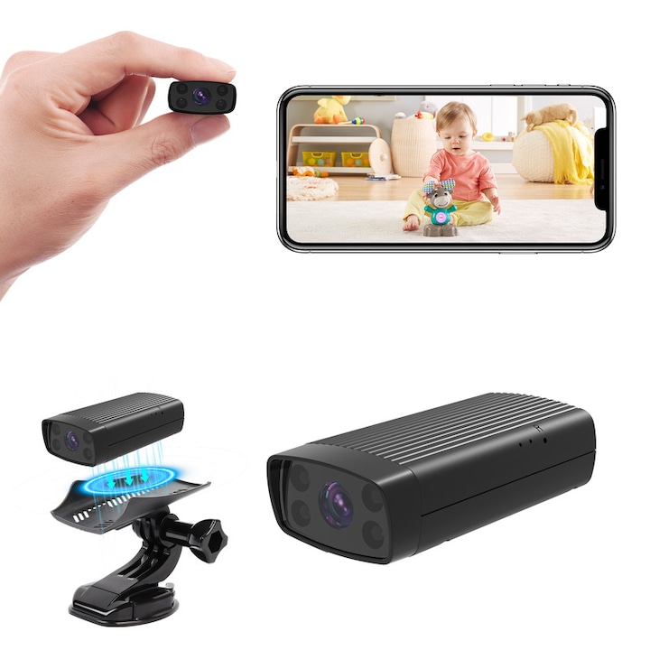 Скрита камера за наблюдение, Камера за дома, 1080P Full HD, Нощно виждане, Двупосочно аудио, Wi-Fi/Bluetooth, Включени батерия и 32GB microSD карта, Въртене, Ултратънък дизайн