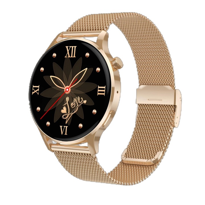 Смарт часовник за жени с NFC, Модерен женски смарт часовник, Елегантна стоманена каишка (Златист/Сребрист), 1.3” AMOLED екран, Водоустойчив IP67, Дълъг живот на батерията, Мониторинг на здравето