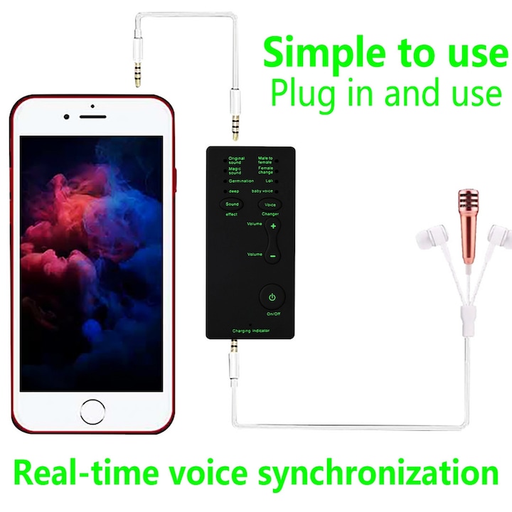 Schimbator de Voce Portabil, Placa de Sunet Mini Portabila, Procesor Efecte Vocale cu 8 Moduri (Inclusiv Barbat/Femeie), Conectare la Telefon, PC si Laptop, Ideal pentru Dublaj, Karaoke si Jocuri