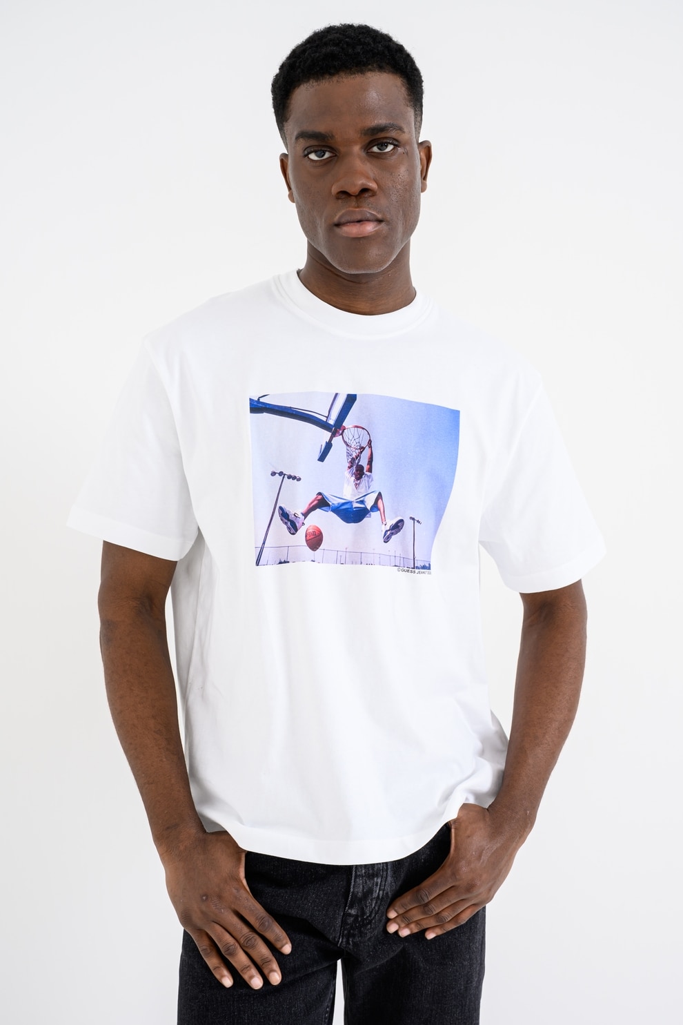 Guess Jeans, Tricou de bumbac cu imprimeu foto Allen Iverson, Alb, Albastru azur, L