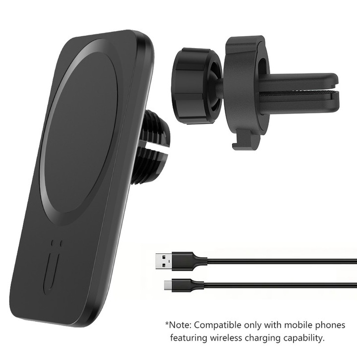 Стойка за кола с безжично зареждане, Dissefa-tech, 15W, черна, магнитно захващане, със щипка за вентилация