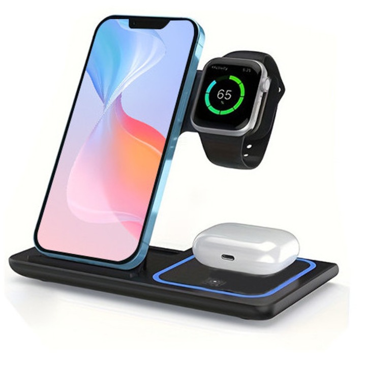 Statie de incarcare wireless 3 in 1, Dissefa-tech, magnetic, 15W, negru, pliabil