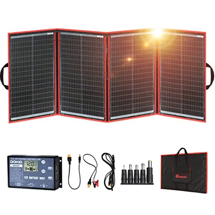 Panou solar pliabil pentru camping Dokio, monocristalin, 200W, 18V, IP67, portabil, 2 porturi USB, 49x67x2.8cm