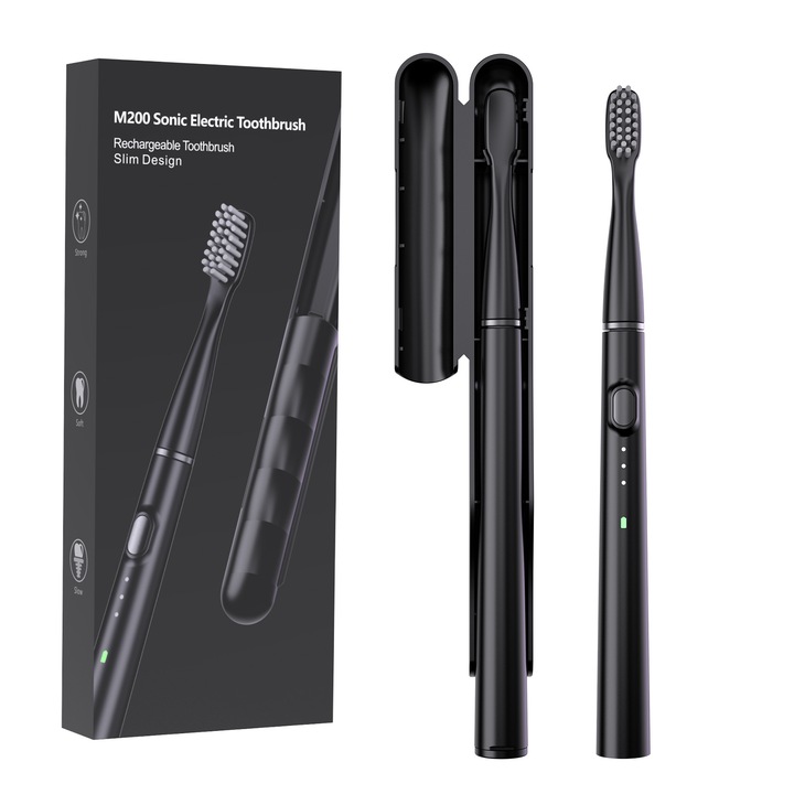 Periuta de dinti electrica slim, 6 capete, portabil, negru, USB