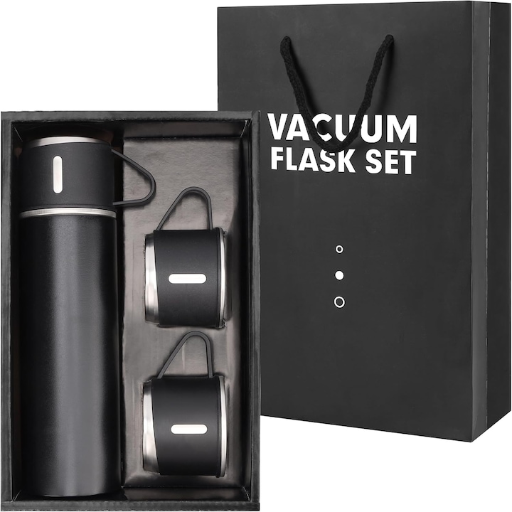 Set termos cu perete dublu Belle Vous, 3 cani, 23 x 6.5 cm, bauturi calde/reci pana la 12h, 500 ml, otel inoxidabil, Negru