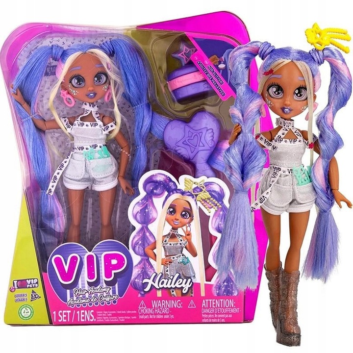 VIP Pets Hailey baba hosszú hajjal, fésülhető és csillogó kiegészítőkkel