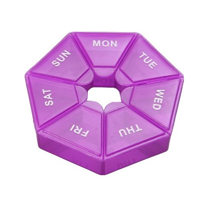 Cutie Separator Medicamente cu Zilele Saptamanii, Plastic, 7 Compartimente, Mov, Stef's Cat