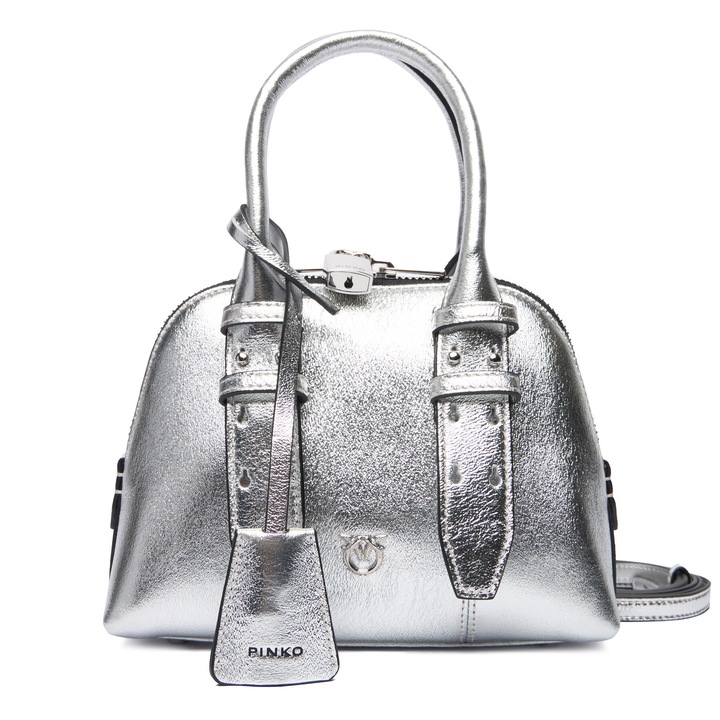 Geanta dama Pinko Silver ZZFN Bowling Bag Zip Mini, din piele naturala
