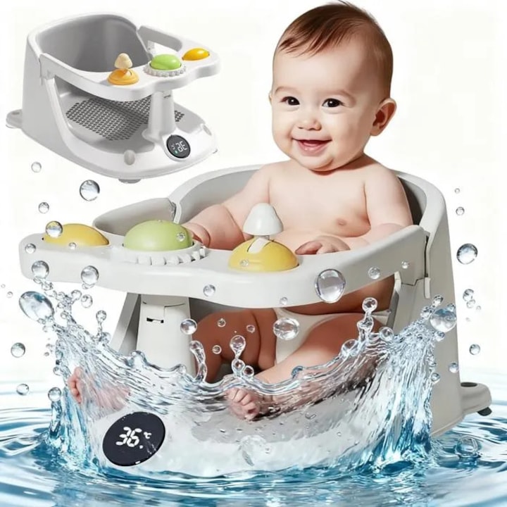 Scaun de baie confortabil pentru bebelusi, potrivit de la 6 luni - scaun antialunecare cu jucarie rotativa 360°