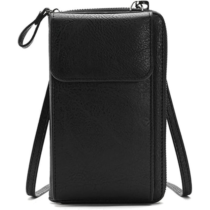 Kememo női vállra akasztható táska – fekete, PU bőr, kártyatartóval és pénztárcával VAN-034