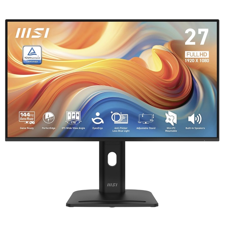 Монитор IPS LED MSI 27" PRO MP275PG E14, Full HD 1920 x 1080, VGA, HDMi, DisplayPort, Pivot, Boxe, 144 Hz, 1 ms Черен