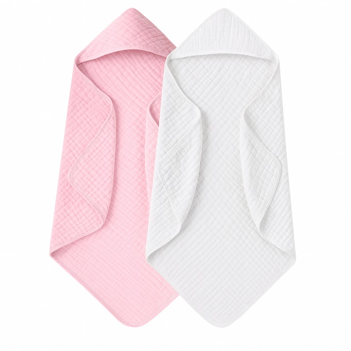 Set 2x Prosop de baie cu gluga REDQUIT® pentru bebelusi din muselina - 80x80cm, Alb cu Roz, absorbant si moale, 100% bumbac