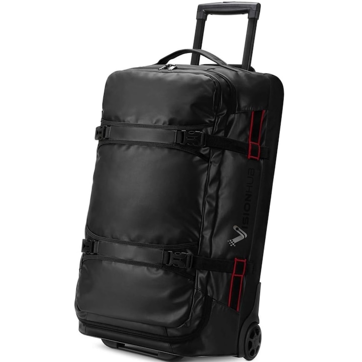 Geanta de Voiaj cu roti tip Troler de 70L, VisionHub®, Impermeabila, Material PVC 1200D, Maner Telescopic, Roti Silentioase, Buzunare Multiple, Curele de Compresie, 25 inch – Negru