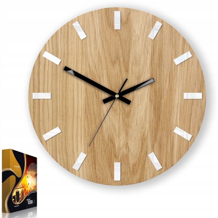 Ceas de Perete Elegant Din Stejar, Design Modern, Alb & Maro