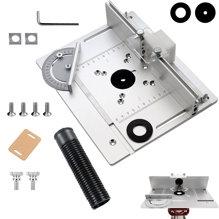 Комплект от 3 плочи за вграждане за фрезова маса с пръстени, алуминий/пластмаса, устойчиви на ръжда и издръжливи, 240 × 200 × 5 мм, за фрези за дървообработване, сребрист/черен