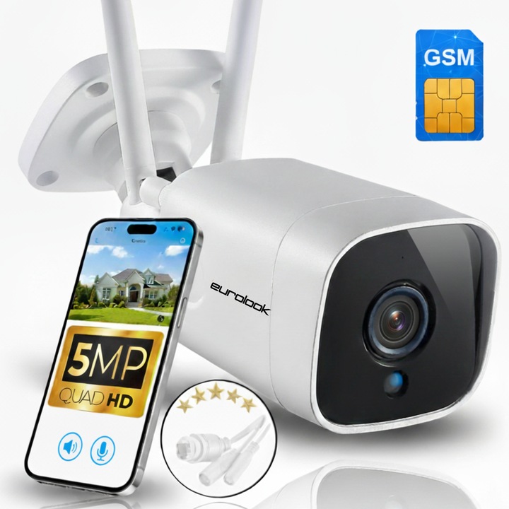 Cameră de supraveghere exterior EUROLOOK, 5MP, 4G GSM, alb, rezistentă la apă IP66