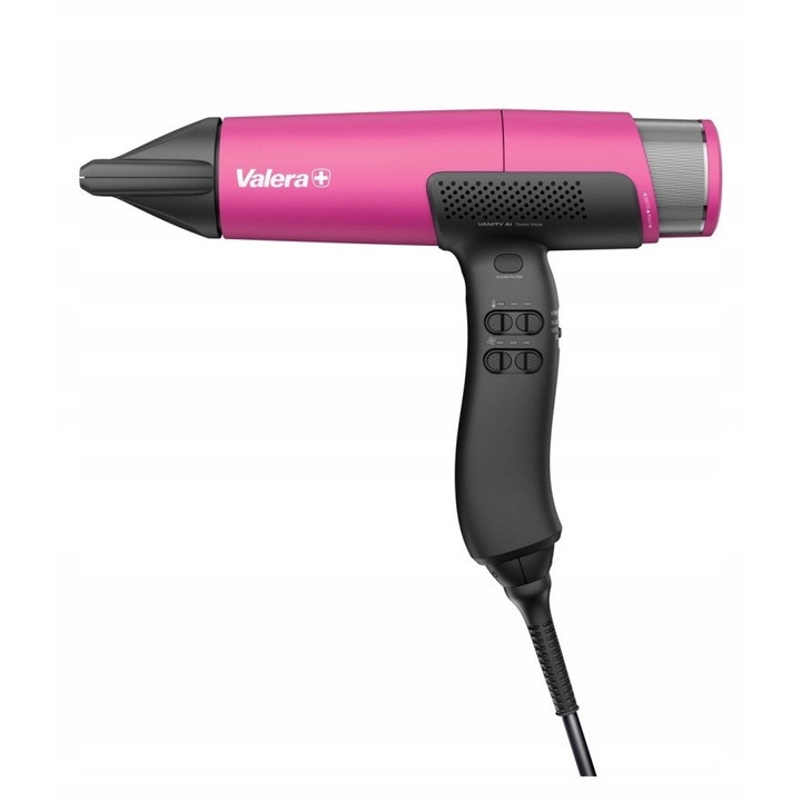 Uscator de par profesional, VALERA Vanitycare, 2000W, design modern, tehnologie de top, silentios, garantat 5000 de ore de functionare, generator de ioni, Auto-Clean, buton aer rece, 67 dB(A), rotocord integrat, filtru metalic detasabil, ROZ / NEGRU