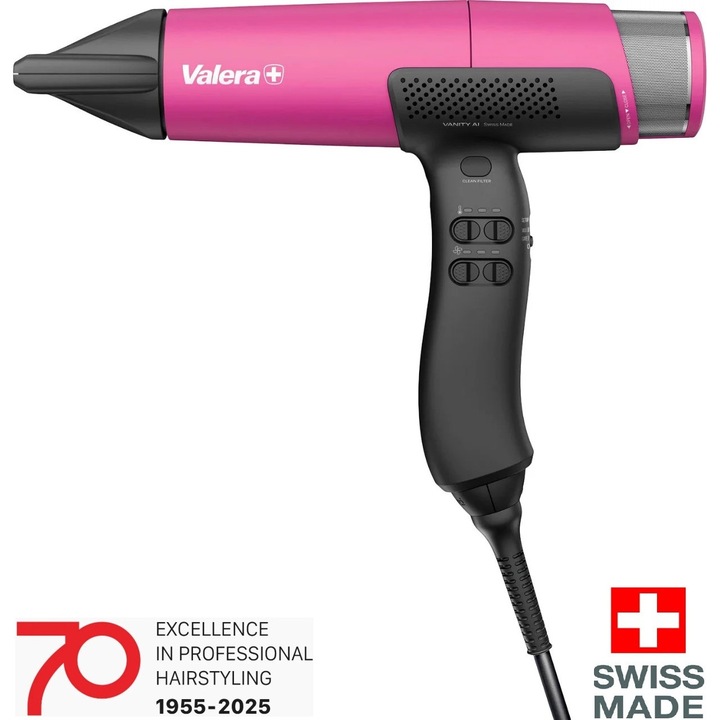 Uscator de par profesional, VALERA Vanitycare, 2000W, design modern, tehnologie de top, silentios, garantat 5000 de ore de functionare, generator de ioni, Auto-Clean, buton aer rece, 67 dB(A), rotocord integrat, filtru metalic detasabil, ROZ / NEGRU