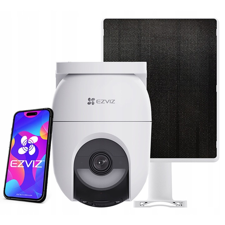 EZVIZ CB8 Lite 2K+ външна въртяща се камера за наблюдение, AI детекция, бял цвят, със соларен панел