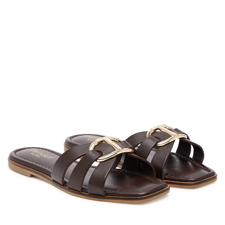 Дамски чехли, Twinset, Chocolate Lab 10780, естествена кожа, цвят шоколад