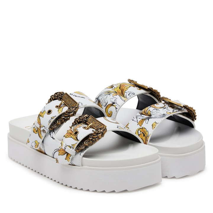 Slapi femeie, Versace Jeans Couture, alb/auriu, piele ecologica